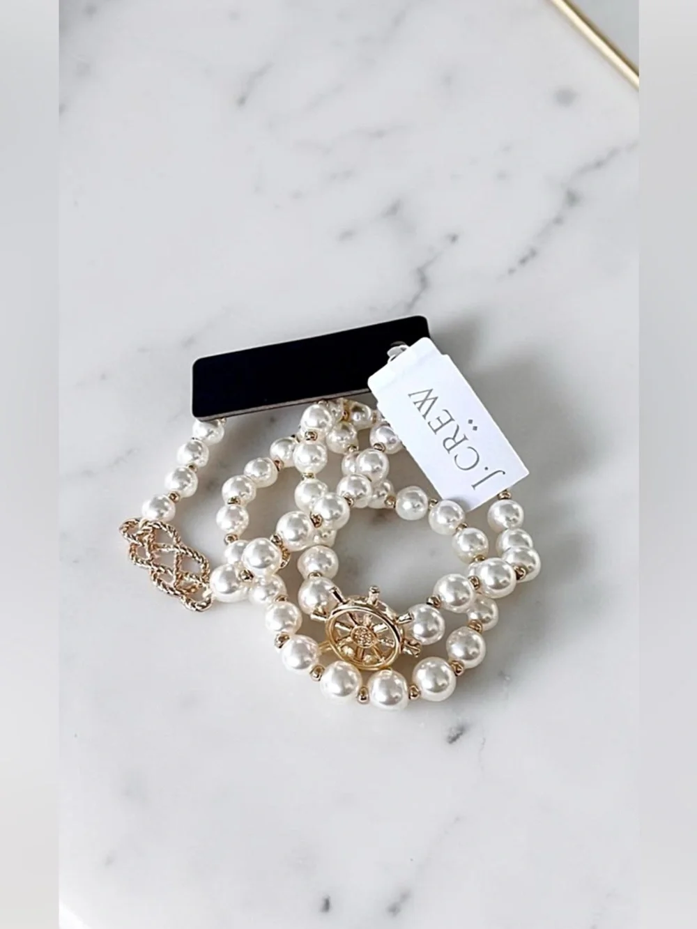 J. Crew Nautical Pearls 3 Piece Beaded Bracelets Set with Gold Ship Charms